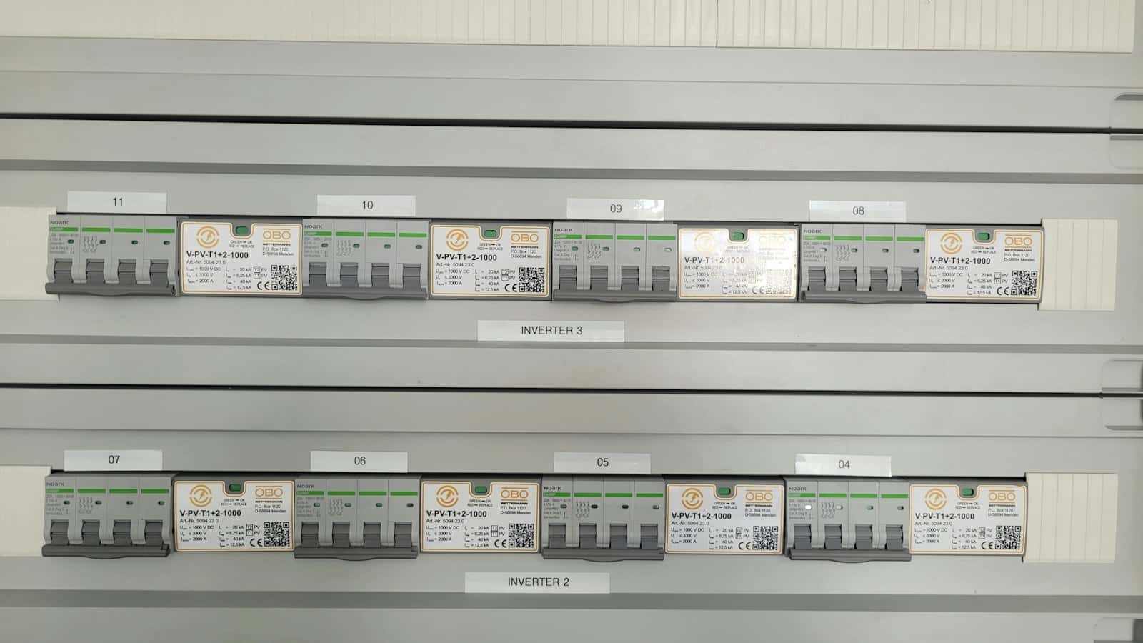 Two rows of circuit breakers in a consumer unit