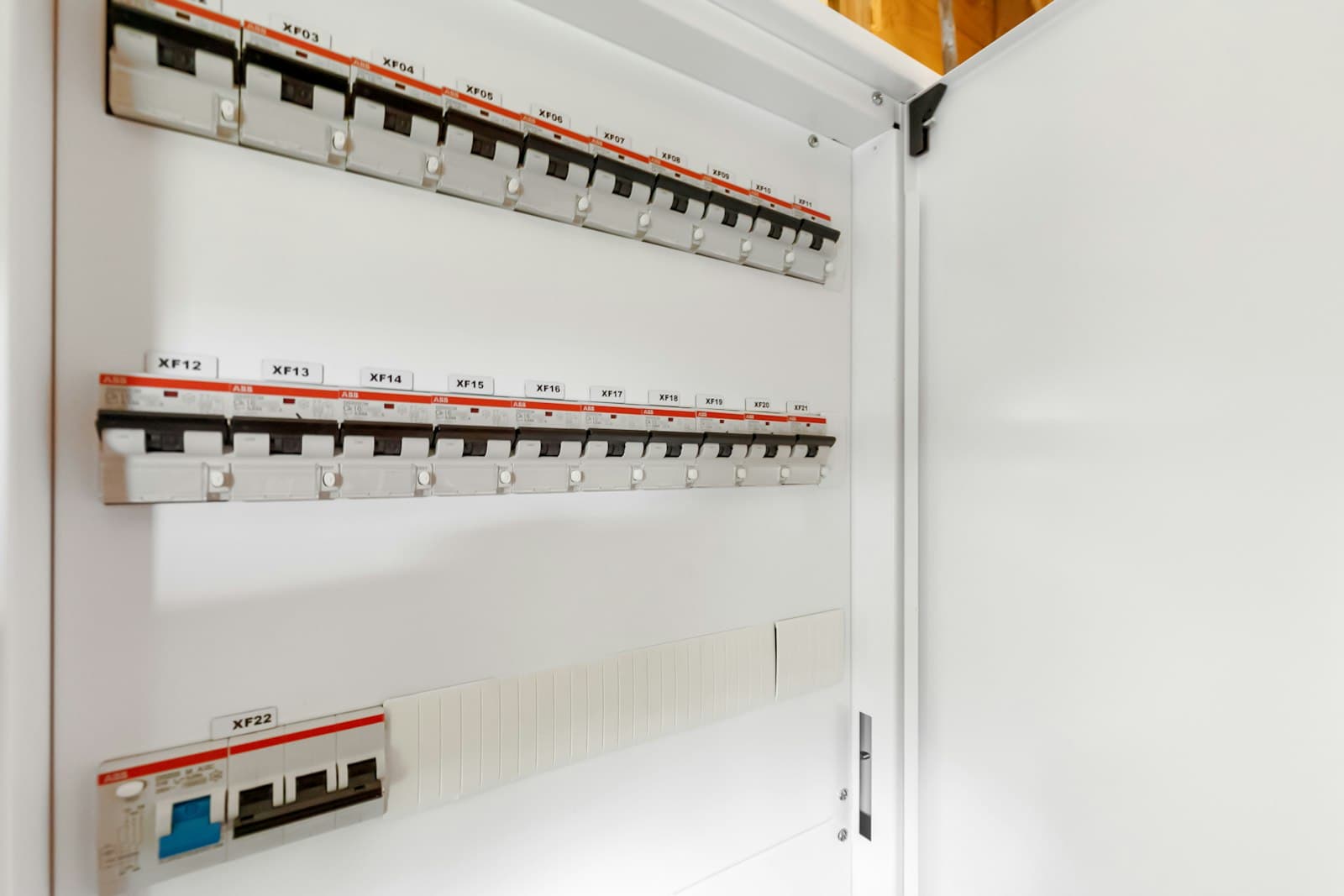 A labelled three-phase distribution board with its door open